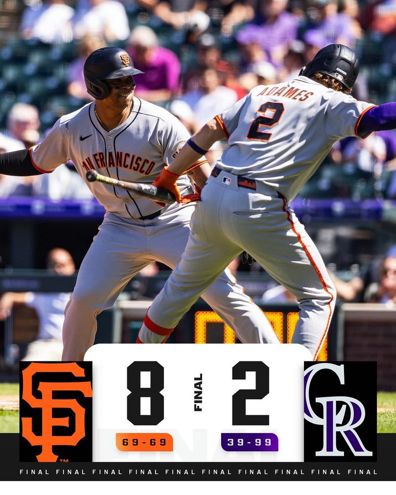 Final Score Graphic 9/1/25 San Francisco Giants 8 (69-69), Colorado Rockies 2 (39-99) Pictured: Rafael Devers high-fives Willy Adames after hitting a home run. They are both wearing gray San Francisco Giants jerseys with black lettering and black batting helmets.