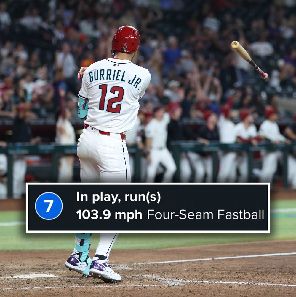 Lourdes Gurriel Jr. throws his bat after hitting a home run Tuesday night. He wears a white Diamondbacks uniform. Overlayed is the pitch speed, 103.9 MPH Four-Seam Fastball
Photo: Brendon Baranov / Major League Baseball