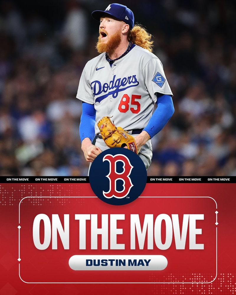 On The Move: Dustin May, Red Sox
Pictured: Dustin May yells in excitement in a road gray Dodgers uniform with blue and red lettering.