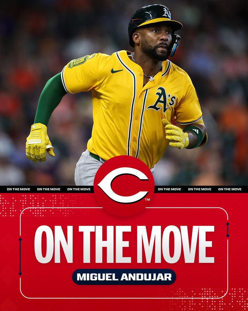 On the Move - Miguel Andujar to the Cincinnati Reds
Miguel Andujar runs the bases while wearing a yellow Athletics uniform and dark green batting helmet.