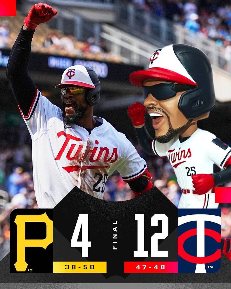 Final Score Graphic (July 12, 2025)
Pittsburgh Pirates 4 (38-58) vs. Minnesota Twins 12 (47-48)
Pictured: Byron Buxton doing the “Buck Truck” celebration after hitting a home run to complete the cycle while wearing a home white Minnesota Twins uniform, multi-colored Minnesota Twins helmet and shades (left). A bobblehead of Byron Buxton doing the “Buck Truck” celebration while wearing a home white Minnesota Twins uniform, multi-colored Minnesota Twins helmet and shades (right).