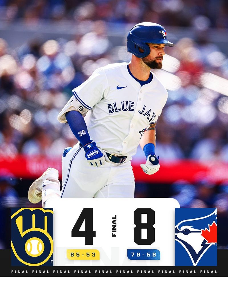 Final Score Graphic 8/31/25 Milwaukee Brewers 4 (85-53), Toronto Blue Jays 8 (79-58) Pictured: Nathan Lukes rounds the bases. He wears a white Blue Jays uniform with a blue arm sleeve, blue and white batting gloves, and a blue batting helmet.