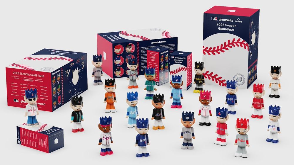 The full box set of figures in the ghostwrite x MLB "Game Face" 2025 collection, featuring 19 MLB players and Famous Fan Mark Wahlberg.