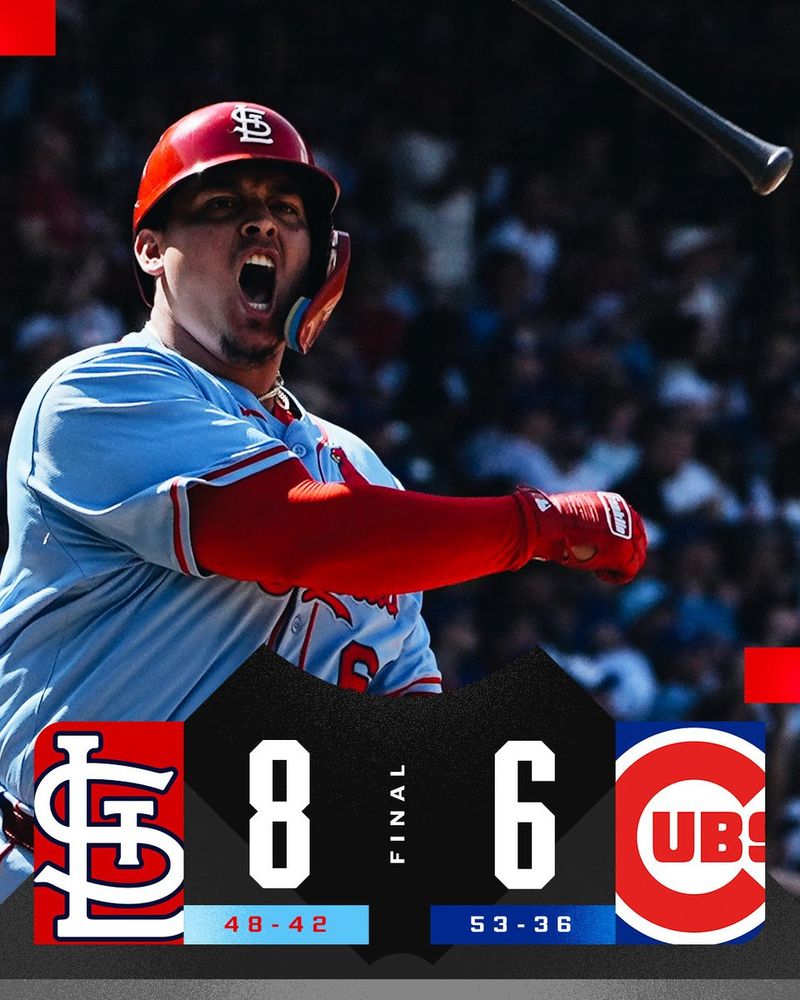 Final Score Graphic (July 5, 2025)
St. Louis Cardinals 8 (48-42) vs. Chicago Cubs 6 (53-36)
Pictured: Yohel Pozo tosses his bat after hitting a home run vs. the Chicago Cubs. Pozo wears a light blue St. Louis Cardinals uniform and red St. Louis Cardinals helmet.