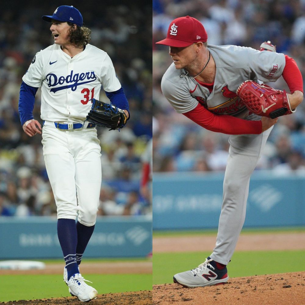 Left, Tyler Glasnow celebrates after a called strike wearing a white Los Angeles Dodgers uniform. Right, Sonny Gray delivers a pitch wearing a gray St. Louis Cardinals uniform. Photos: Tom Wilson / Major League Baseball