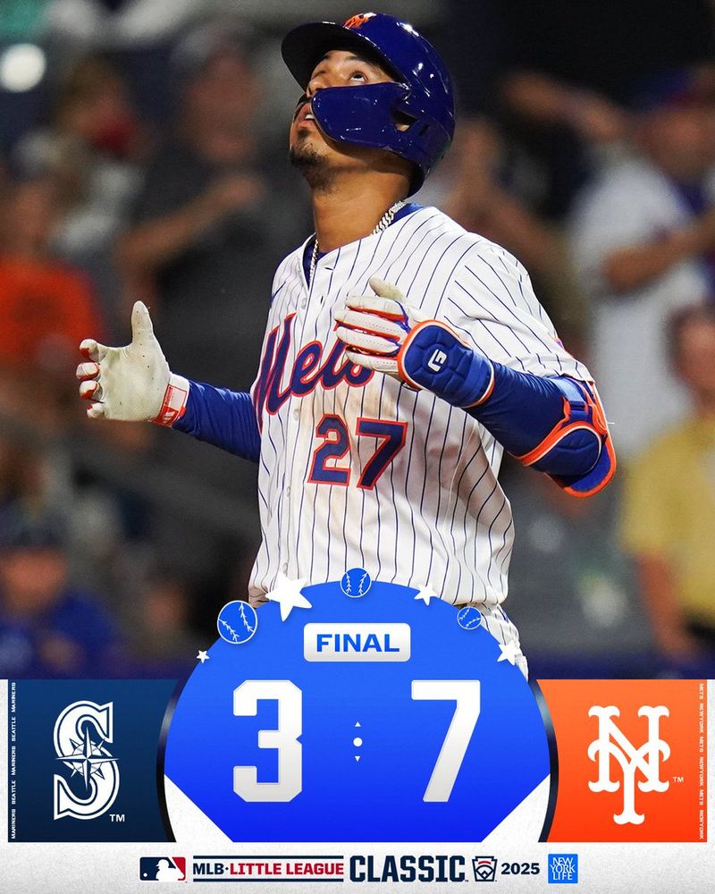 Little League Classic Final Score Graphic
Presented by New York Life
Mariners 3, Mets 7
Pictured: Mark Vientos looks to the sky after hitting a home run. He wears a home white pinstriped Mets uniform.