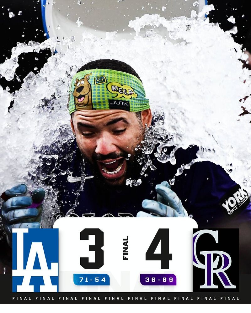 Final Score Graphic: 8/18/25
Los Angeles Dodgers 3 (71-54), Colorado Rockies 4 (36-89)
Pictured: Warming Bernabel gets liquid dumped over him after a walk-off base hit. He is wearing a purple Rockies jersey.