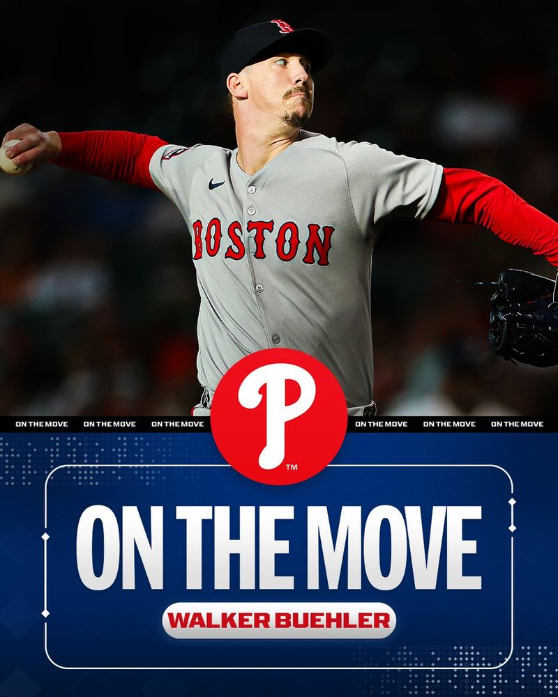 ON THE MOVE: Walker Buehler - Philadelphia Phillies Pictured: Walker Buehler delivers a pitch. He wears a gray Red Sox uniform with red lettering