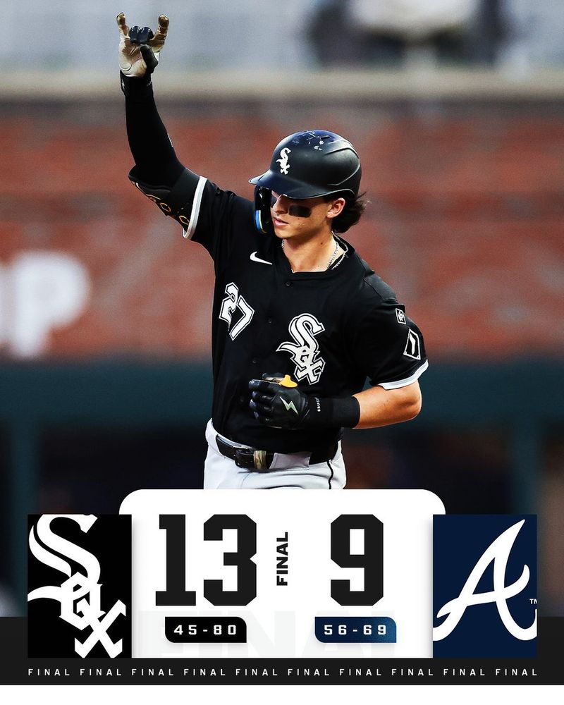 Final Score Graphic
Chicago White Sox 13 (45-80), Atlanta Braves 9 (56-69)
Pictured: Brooks Baldwin celebrates as he rounds the bases after hitting a home run. He wears a black White Sox jersey with a black batting helmet.