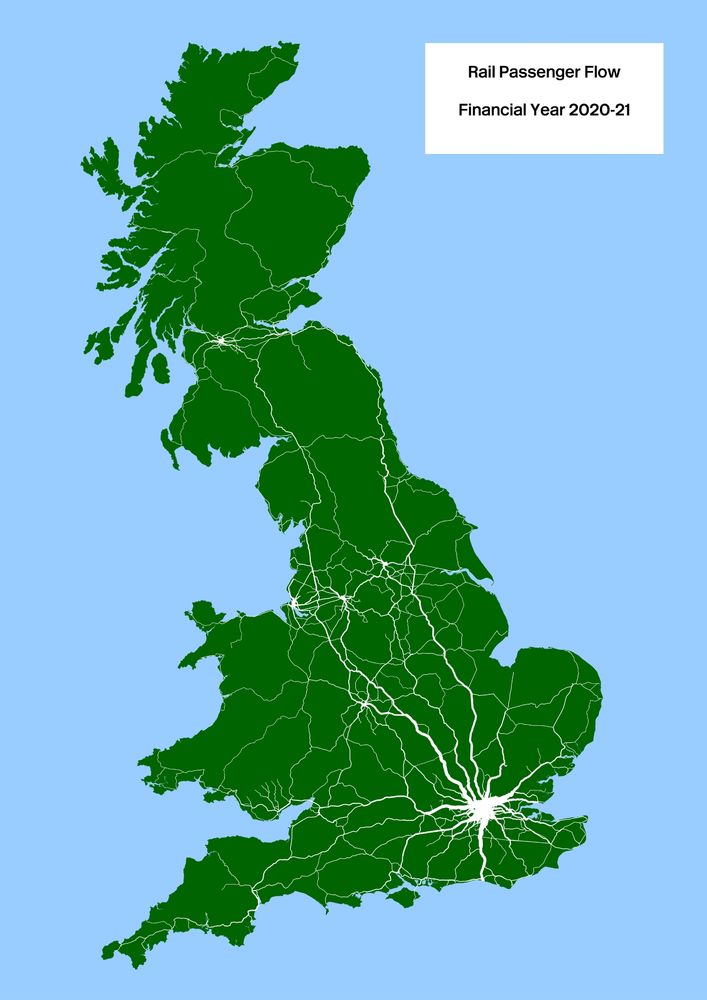 A map showing the island of Great Britain in dark green, sea in light blue and white lines showing aggregated journeys for 2020-21 with width proportional to passenger numbers.