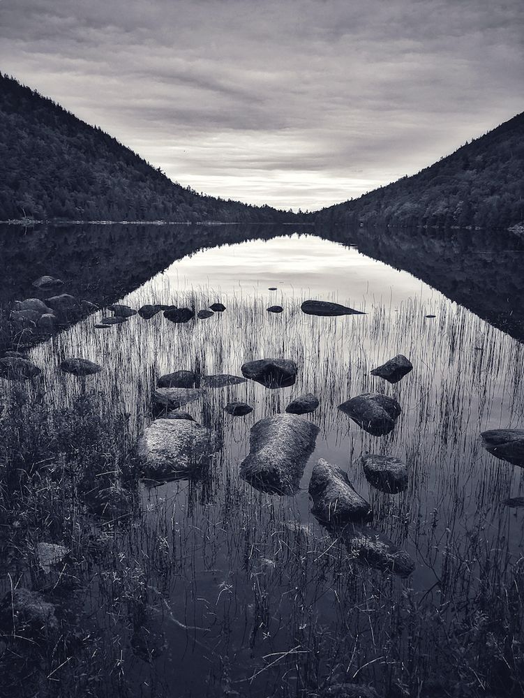a small section of bubble pond's shallow shoreline with rocks and reeds on a still, overcast morning, the water was a perfect mirror reflecting Cadillac Mountain (left slope) and Mt. Pemetic (right slope) uniting in a natural parabola 