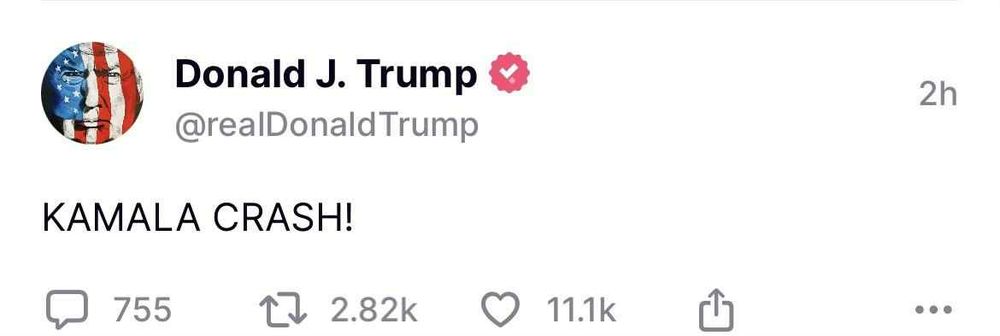 @Donald J. Trump on Truth Social, 8/4/24

KAMALA CRASH!