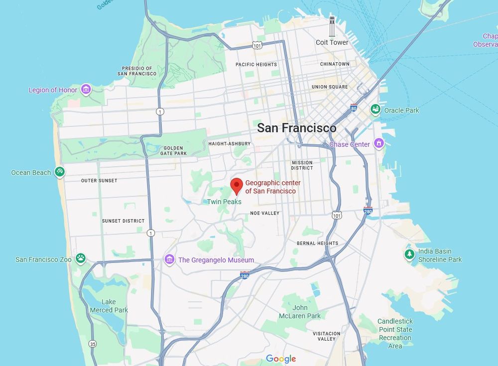 Map of San Francisco, with a red flag indicating the geographic center of the city.