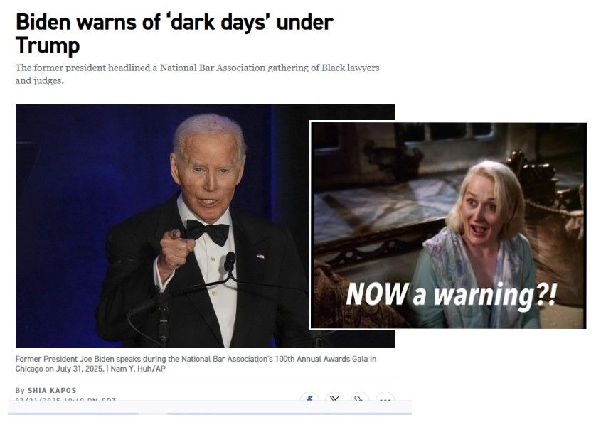 Politico headline reading "Biden warns of 'dark days' under Trump", showing a picture of Biden giving a speech, overlaid with an image of Meryl Streep from "Death Becomes Her" saying "NOW a warning?!"