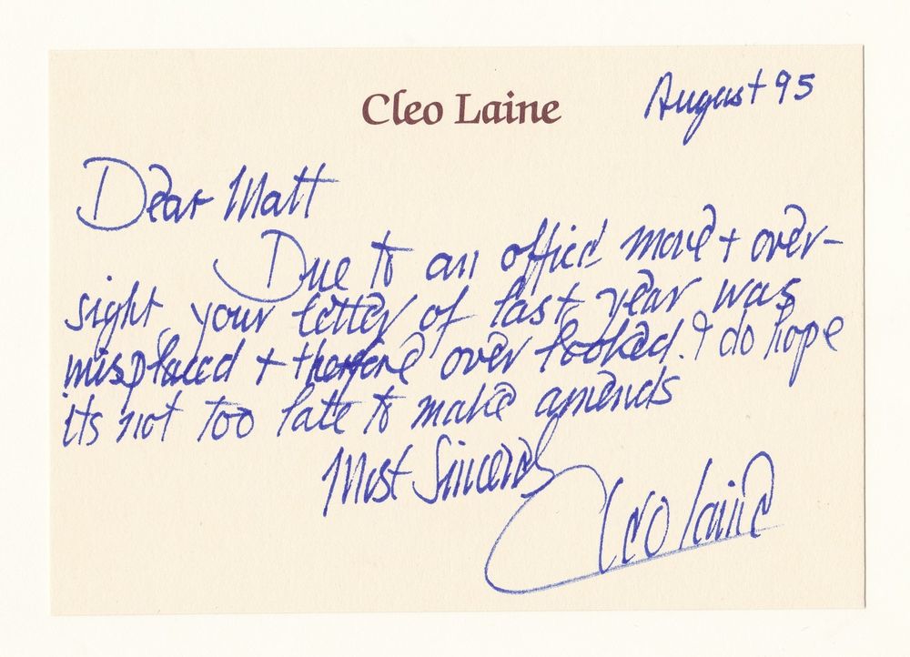 Handwritten note from Cleo Laine, apologizing to an autograph collector for the delay in responding.