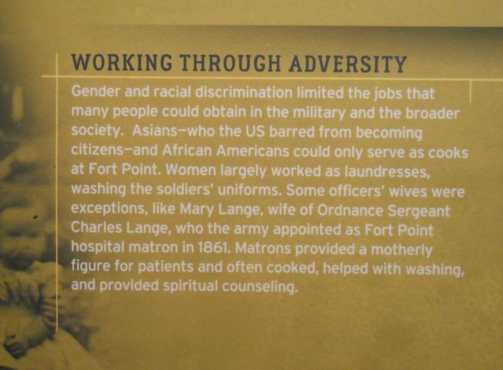 Sign at Fort Point discussing the challenges that oppressed minorities face trying to find work in the military.