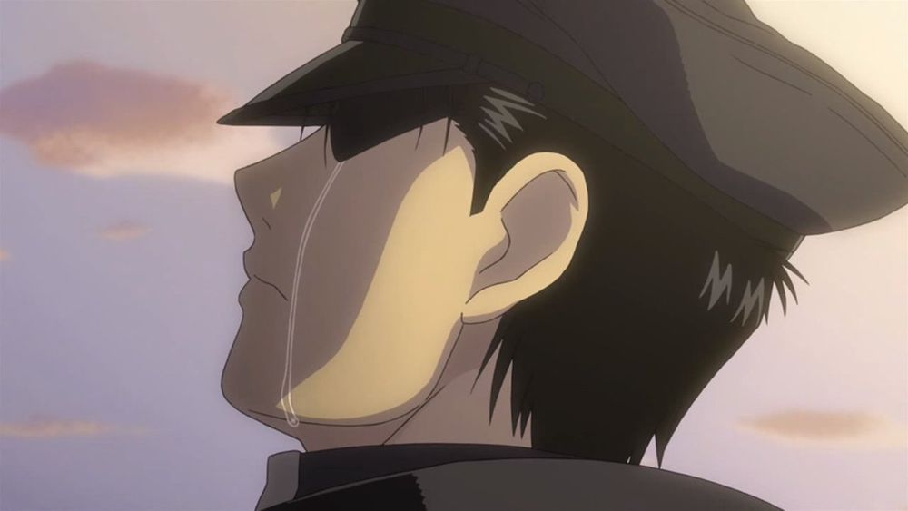 Roy Mustang de FMA qui pleure, mais en fait, il ne pleure pas, c'est juste la pluie.