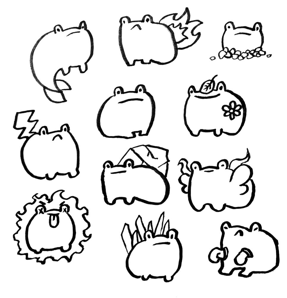 sharpie drawing of frogee and its many frogeelutions