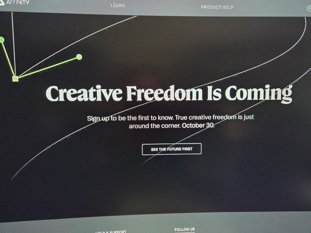 A webpage on Affinity Serif's site announcing that "Creative Freedom is Coming" and offering a sign up to know more when the big announcement comes on October 30