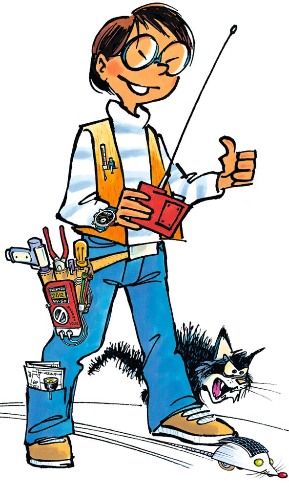Van l'inventeur, dessin de Jacques Goldstyn. Il tient la télécommande de sa robot-souris. Un chat se méfie du robot.
