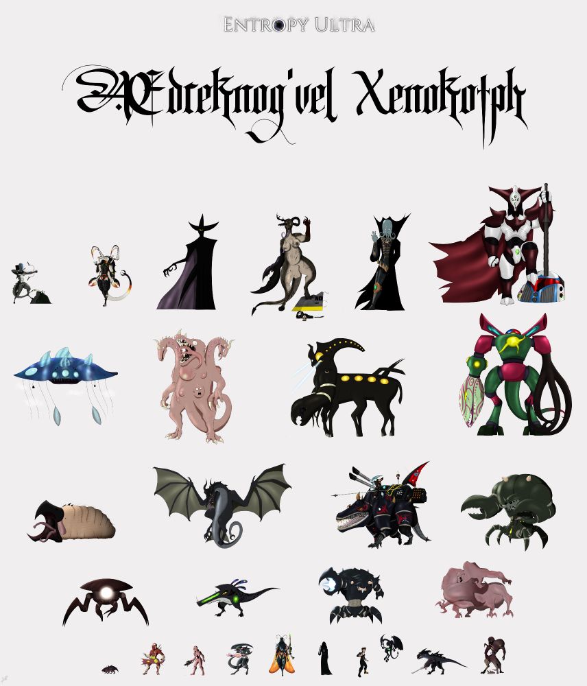 [IMG ID: The entire main cast of the Ædreknog'vel Xenokotph are displayed in a large group shot in rows of five. 1st row left to right: Zork, Arcinal Destructor, Mukatel Warrior, Dothganti Noble, Vespenti Zugari, Paraphim Cultist, Assimilator, Ukanidactyl, Sekotem Hunter, Krytatok. 2nd row right to left: Treyachnid, Sifara Sharpshooter, Nurathrian Archtelopod, Quezaeral's Grotesque. 3rd row left to right: Univore Merger, Drukainosaur, Armoured Wikilnorder, Garakchagore. 4th row left to right: Floshmorteq, Othulotherius Omega, War Walker, Gorterradon. 5th row left to right: Hsergal, Nausk Vel the Ambassador, Kolvaer Mensha, Yuk'nerothep Kaval, Teth'Karaga Mensha, General Votok./End]