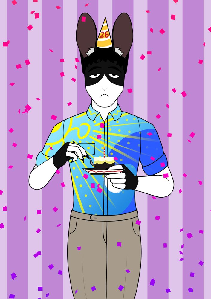 [IMG ID: A tired-looking tuxedo rabbit humanoid stands next to a purple striped wall with confetti falling. He's wearing a colorful dress shirt and tan dress pants as well as a yellow and white striped birthday hat with the red text "26". The rabbit also holds a plate with cake in the left hand and a fork in the right./End]