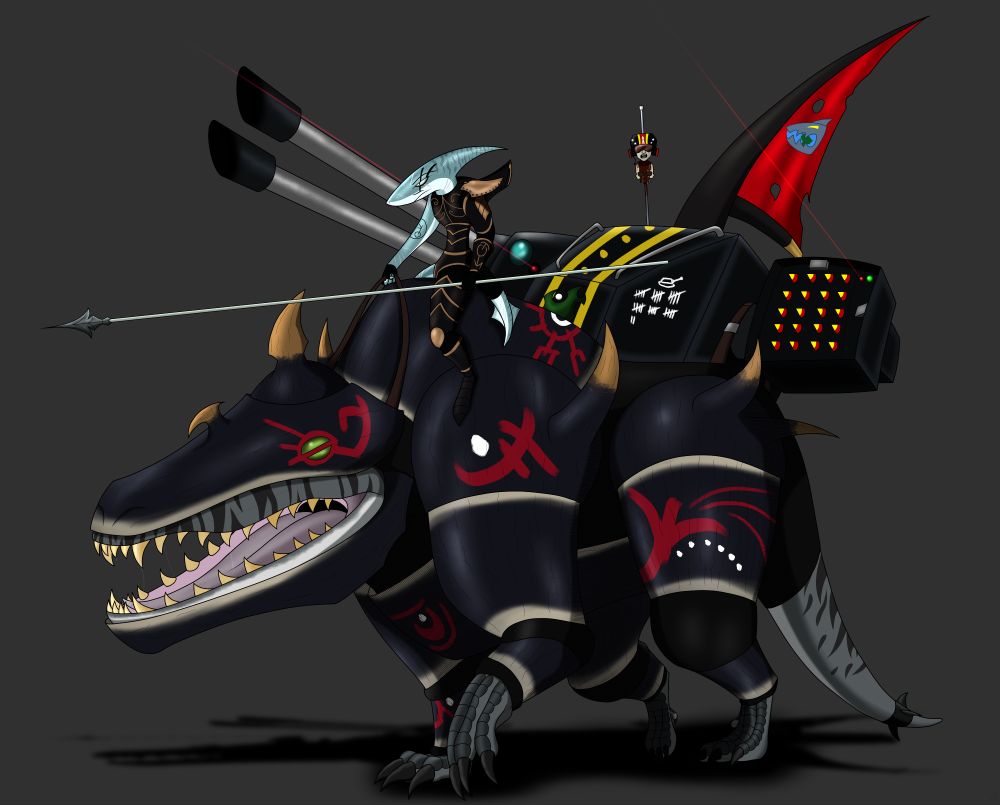 [IMG ID: A giant sea lizard resembling an outdated megalosaurus, adorned with chitin-like armour, is ridden by an alien shark humanoid bearing black armour with copper rims. The tattooed shark known as an Aq'Kalestian, wields a pike and is accompanied by a large gun drone, fitted with two autocannons and a missile pod, flying the standard of his tank company while showcasing a human head and skull as trophies./End]