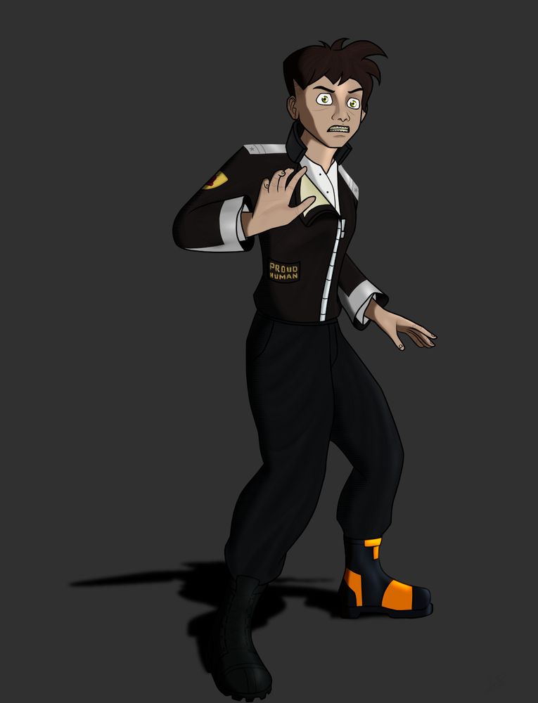[IMG ID: A "human" stares in panic while wearing a leather jacket with badges and baggy sweat pants; this individual also has a pair of mismatched boots./End]