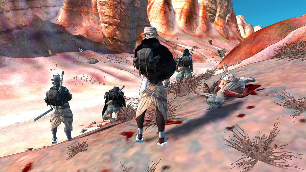 Cena do jogo Kenshi. Personagens estão numa região árida cercados de corpos dos seus inimigos depois do combate. Um grupo está no topo de uma colina olhando outro lá embaixo. 