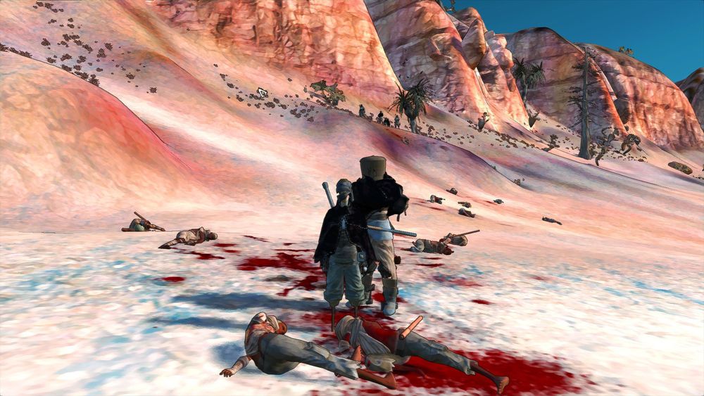 Cena do jogo Kenshi. Personagens estão numa região árida cercados de corpos dos seus inimigos depois do combate. 