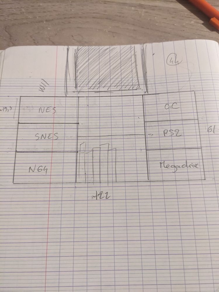 Plan griffonné dans un cahier pour un meuble de consoles rétro.