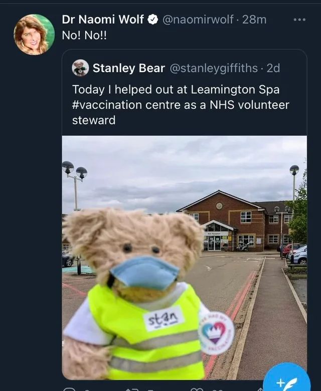 @stanleygiffiths
Today I helped out at Leamington Spa #vaccination centre as a NHS volunteer steward

@naomirwolf
No! No!!