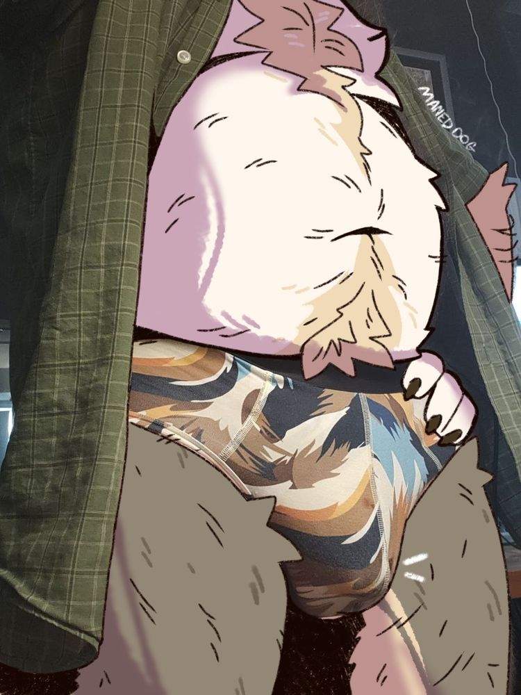 A photo of a bare-bellied wolf wearing only an open green shirt and a pair of underwear with a colorful fluffy feather pattern. The image is a photo that's been drawn over