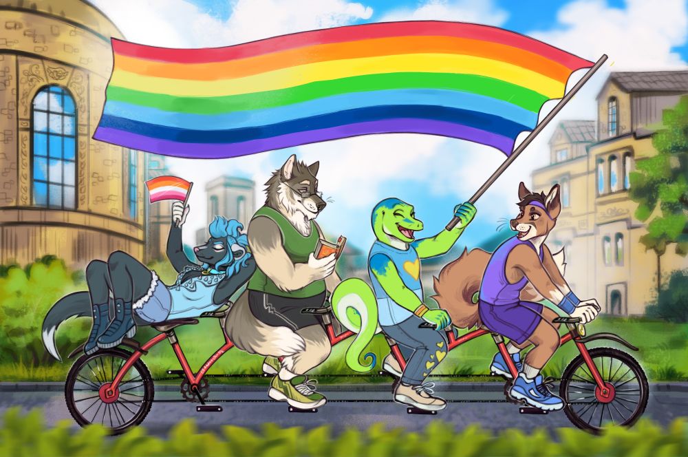 Four anthropomorphic animals dressed for the sunny weather ride a four-person bicycle, the gecko in the second seat waves a large rainbow flag over the four on them.