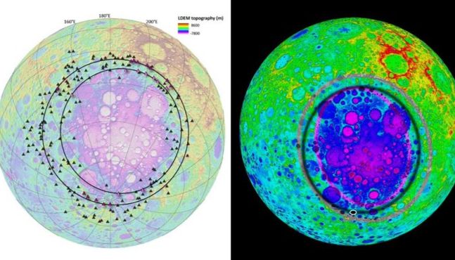 Verschieden komponierte Ansichten des Südpol-Aitken-Beckens (l: vom Forschungsteam; r: von der Kaguya-Mission)