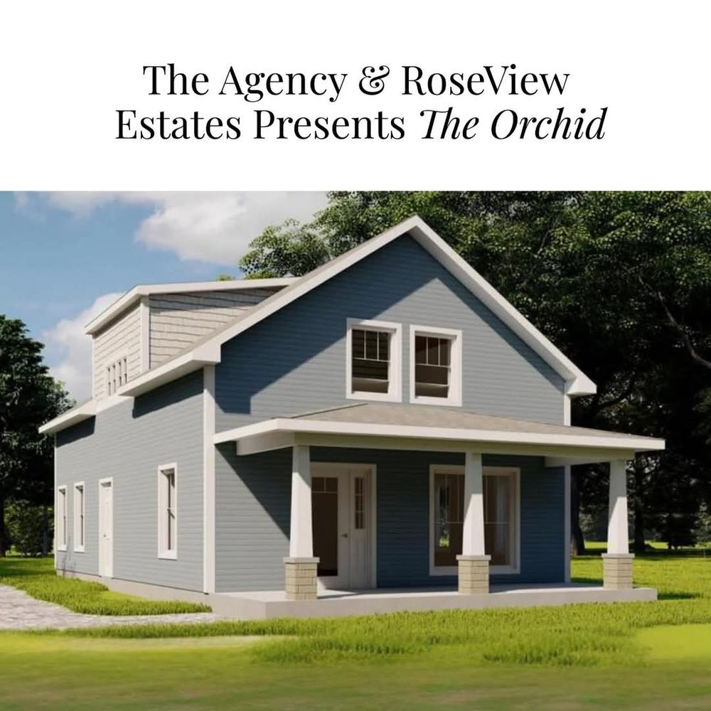 A rendition of a new building named The Orchid. It is a blue one and a half story house with white trim