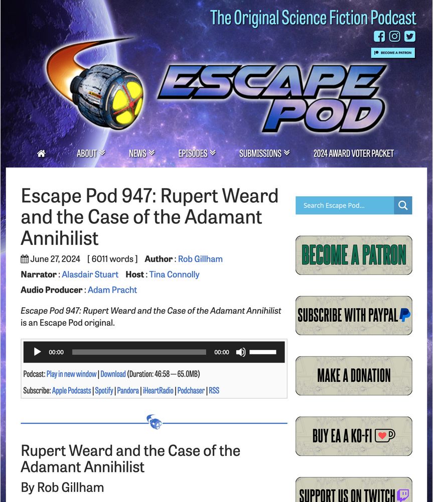Screengrab of the homepage of Escapepod.org, with Rupert Weard and the Case of the Adamant Annihilist as the featured episode