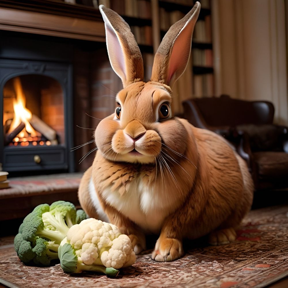 AI generated picture of a rabbit sitting by a fireplace eating a cabbage