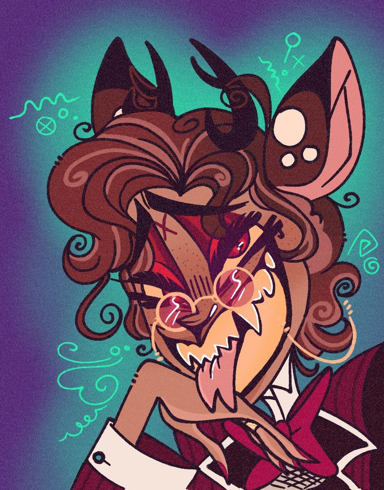 A bust-up shot of my own version of Alastor from the show Hazbin Hotel. He is wearing a red pinstripe suit with his hand tucked under his chin. He is grinning widely at the camera with lidded eyes, which are red and gold. His hair is brown and grey, and he has deer ears and antlers. The background is purple and green with symbols floating around.