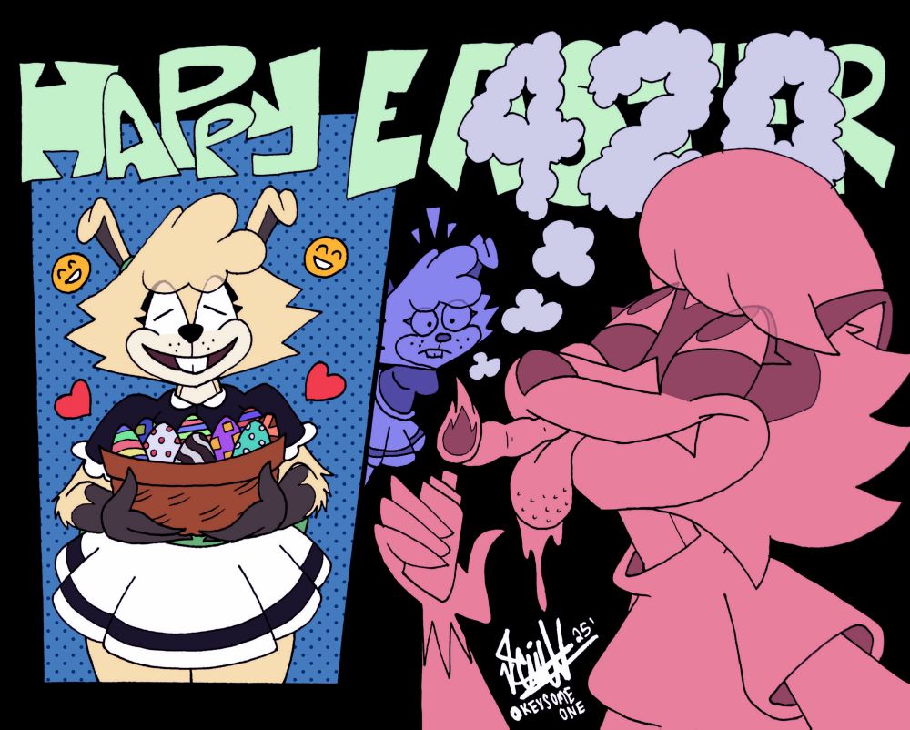 Bunnabelle holding a basket of painted easter eggs saying “Happy Easter”. Vicky comes in smoking marijuana puffing the number 420 with her smoke. 
