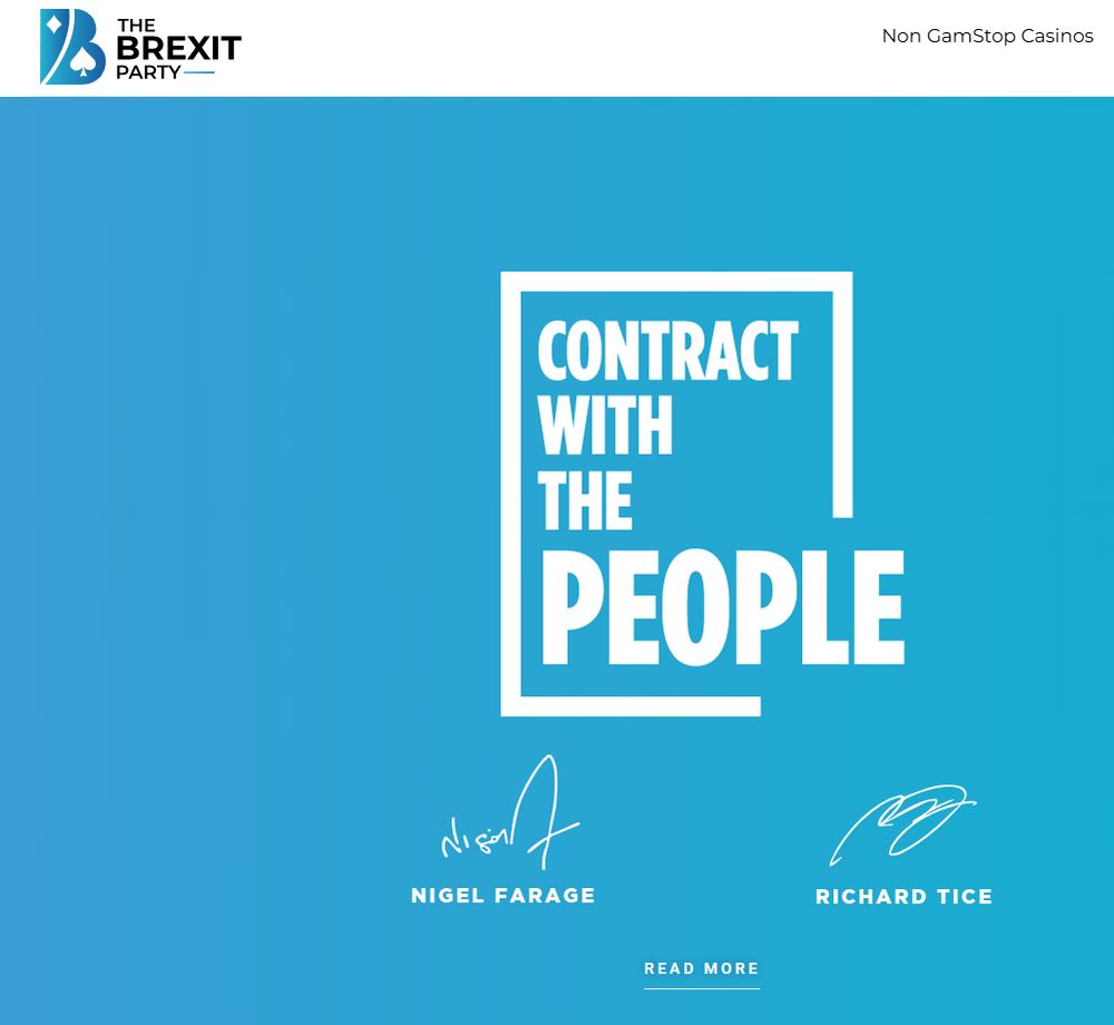 A page from the Brexit Party website with Nigel Farage and Richard Tice's signatures and a link to "non Gamstop casinos"
