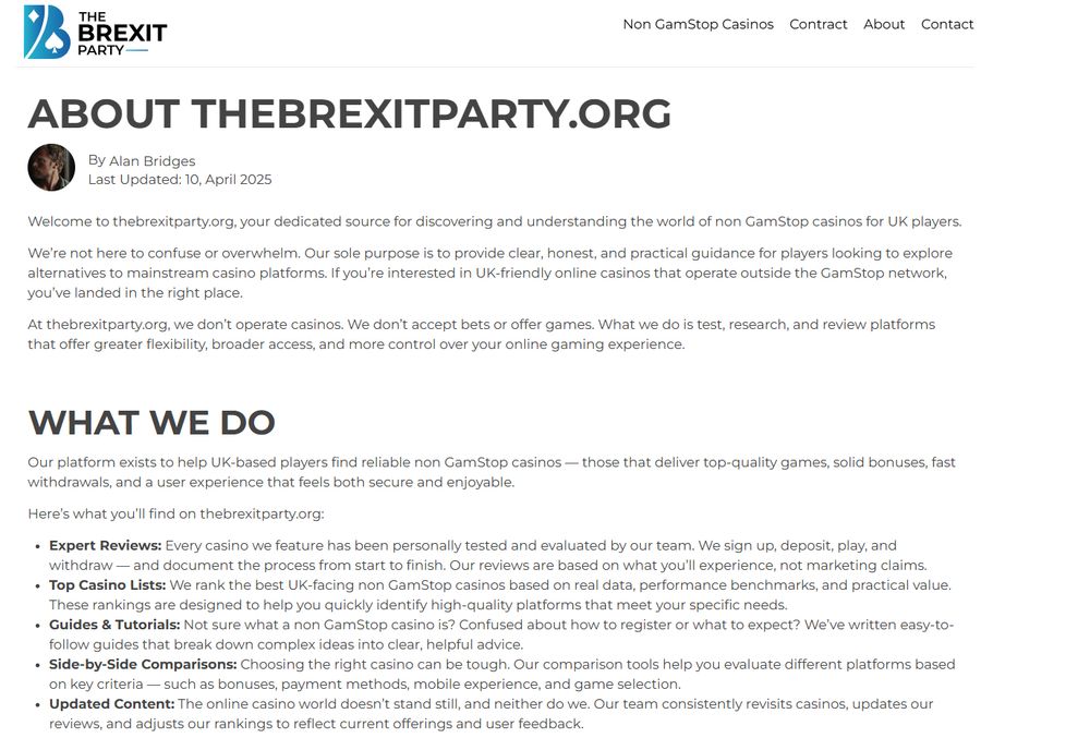 A page from the Brexit Party website explaining what they do - review casinos.