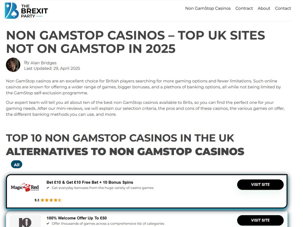 A page from the Brexit Party website about non Gamstop casinos (except they aren't)