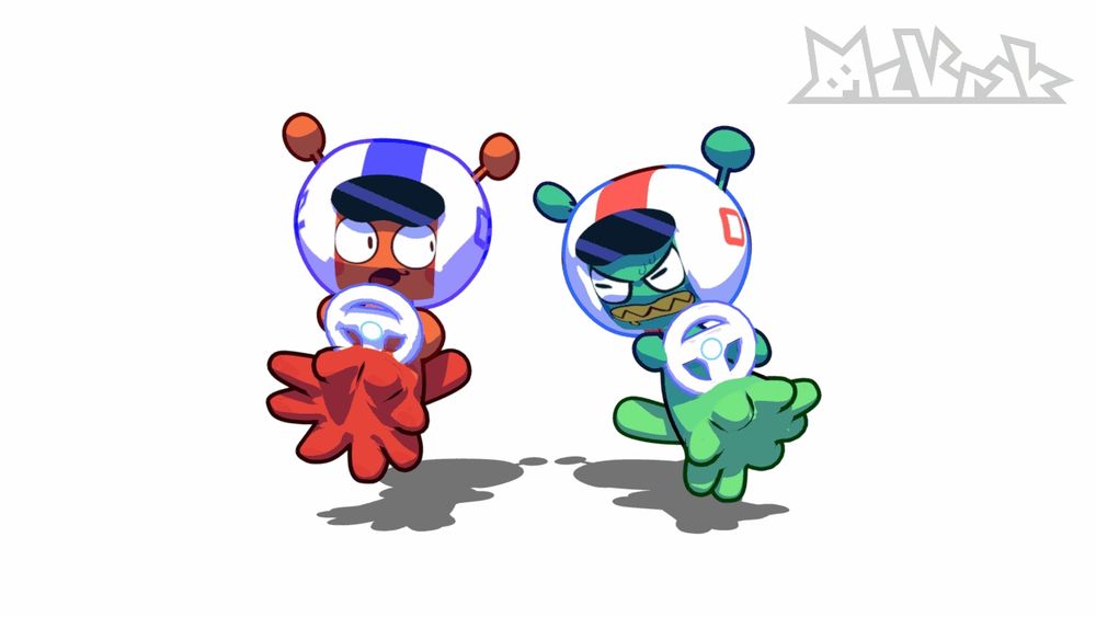 Two octopedal aliens racing in invisible karts, both wearing helmets and gripping Wii Wheels