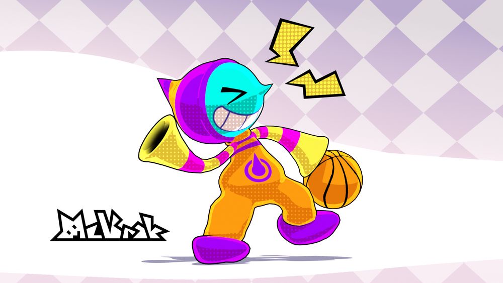 A 3D model render of Wolo from Super Bust a Move. The cyan-skinned creature is in his signature orange-and-purple outfit. He's acting rambunctious while dribbling with a basketball.