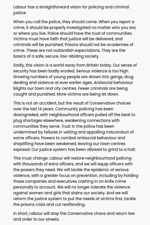 Extract from Labour's manifesto explaining ‘take back our streets’