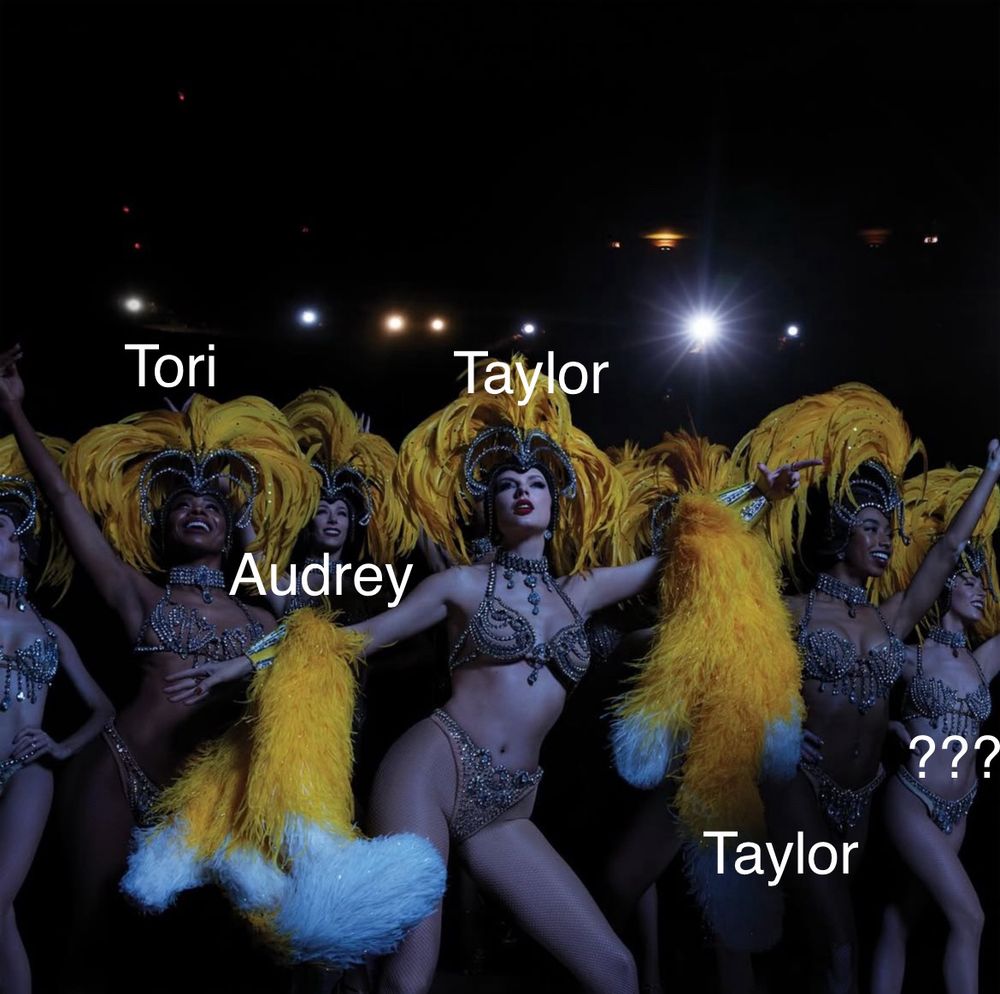 Screenshot of the new of variant of the life of a showgirl with Taylor, and her eras tour dancers tori, Audrey and Taylor labelled. There are two more girls, one cut off the screen and one who I can’t recognise labelled with question marks