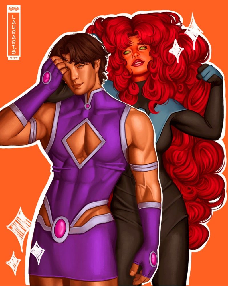 Dick usando o uniforme da Estelar, e a Kori do Asa Noturna.