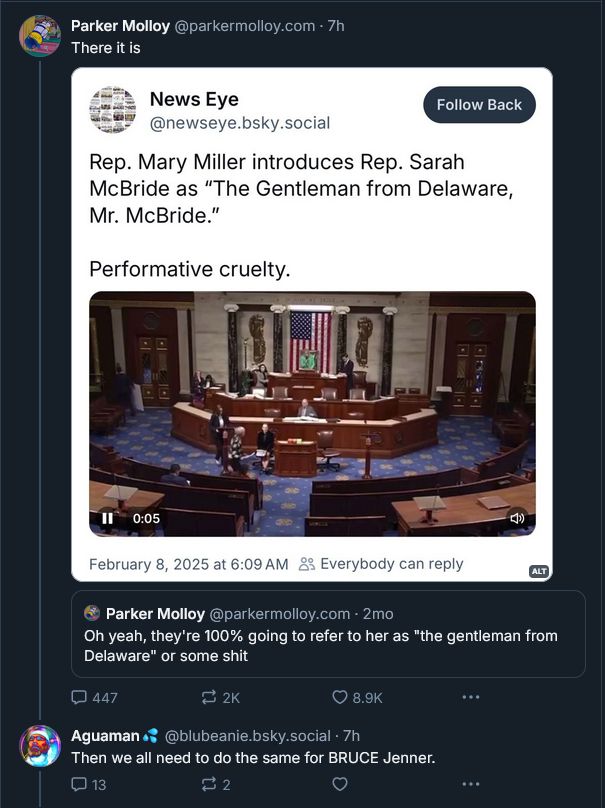 Post from Parker Molloy (@parkermolloy.com) talking about Representative Sarah McBride being misgendered by Representative Mary Miller of Illinois. There is a response post from Aguaman (@blubeanie.bsky.social) that reads "Then we all need to do the same for BRUCE Jenner." 