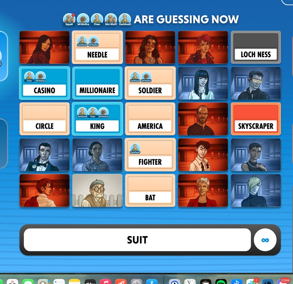 Screenshot from a game of Codenames, where the remaining blue words are Casino, millionaire and King. The clue is "Suit". Everyone correctly guesses King and Casino, but they're also thinking soldier, rather then millionaire.